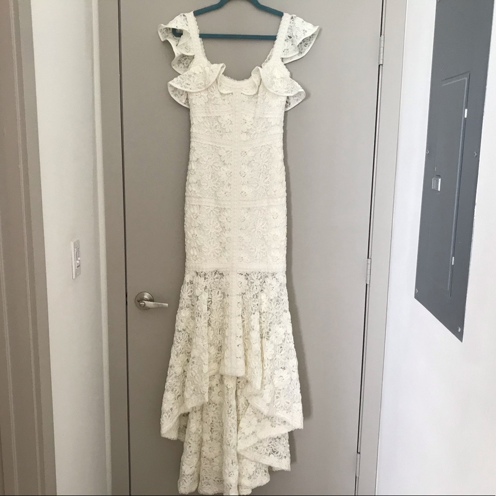 Alexis white lace high low gown